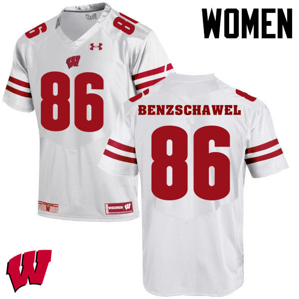 Women Wisconsin Badgers #90 Luke Benzschawel College Football Jerseys-White - Click Image to Close
